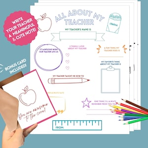 May include: Printable worksheet with a red apple and the text "All About My Teacher". The worksheet includes prompts for students to write about their teacher, such as "My teacher's name is", "3 things I love about my teacher", and "My favorite thing about my teacher is".