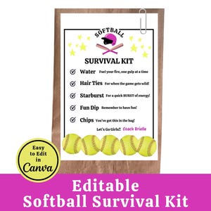Szablon etykiety na torbę z zestawem przetrwania w softballu, edytowalna etykieta na prezent dla gracza w softball, prezent na turniej drużyny softballowej, mama softballa, dostosuj w Canva