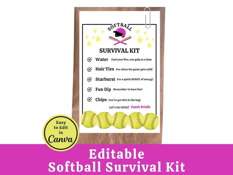 Softball Survival Kit Bag Tag Template, Editable Softball Player Gift ...