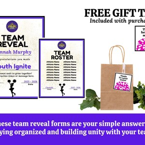 May include: Two framed team reveal forms and a team roster form with purple and black borders. A brown paper gift bag with a gift tag that says "Thanks for a great season!" is included. The forms are for the "Youth Ignite" team.