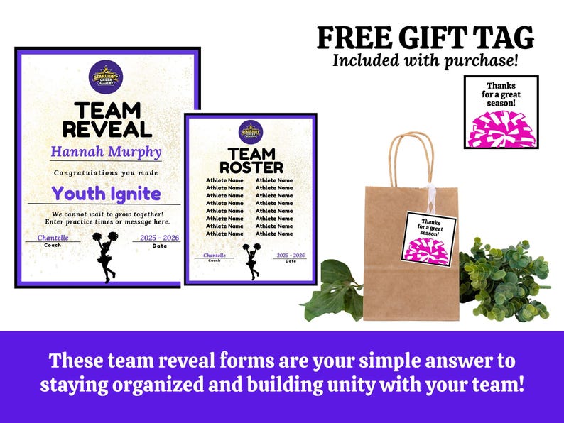 May include: Two framed team reveal forms and a team roster form with purple and black borders. A brown paper gift bag with a gift tag that says "Thanks for a great season!" is included. The forms are for the "Youth Ignite" team.