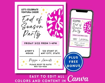 EDITABLE Cheerleading Team Party Invitation, End of Season Cheer Party Invite, Awards Certificate Night Banquet, Digital Canva Template