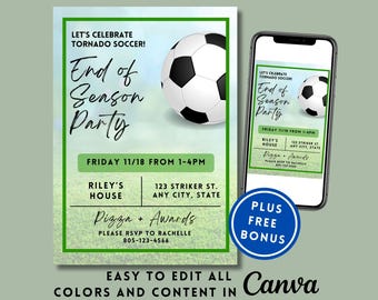 EDITABLE Soccer Team Party Invitation End of Season Party Invite Soccer Canva Template Editable Printable Digital Text Awards Night Party