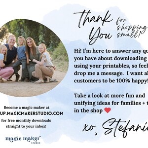 Pode incluir: Uma foto de fam&iacute;lia em uma moldura oval, com o texto "Thank You for shopping small!" e "Become a magic maker at SIGNUP.MAGICMAKERSTUDIO.COM". A imagem tem um fundo em aquarela e uma mensagem de Stefanie.