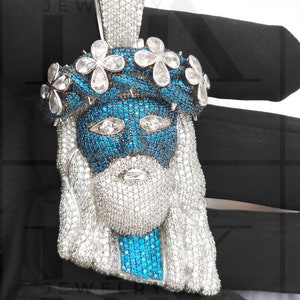 Men&#39;s Jesus Pendant, Blue Diamond Jesus Pendant, Iced Out Jesus, Hip Hop Jesus Pendant, 925 Silver , Birthday Gift, 14k White Gold Finish