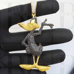 3D Duck Pendant For Men, Black and Yellow Diamond Duck Pendant, Character Pendant, Hip Hop Men Pendant, 925 Silver, 14k Yellow Gold Finish