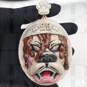 Colgante de cara de esmalte de bulldog 3D, colgante de cara de animal de diamante moissanita VVS, letra personalizada, colgante de hombres de hip hop, plata 925, oro rosa de 14 qt FN