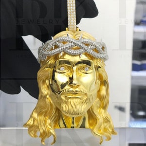 Solid 925 Sterling Silver Jesus Pendant, Moissanite Crown Jesus Pendant, 3D Jesus Design, Hip Hop Men Pendant, 14k Yellow Gold Finish, Gift
