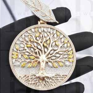 Colgante de árbol de la vida en 3D, colgante de marquesa amarilla y blanca, colgante de hoja, colgante de hombre helado, plata de ley 925, acabado en oro rosa de 14 quilates
