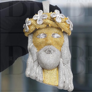 Men&#39;s Jesus Pendant, Yellow and White Diamond Jesus Pendant, Iced Out Jesus, Hip Hop Jesus, 925 Silver , Birthday Gift, 14k White Gold Over