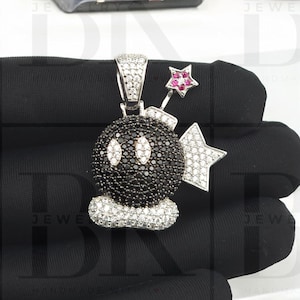 VVS Moissanite Mini Bomb Character Pendant, Hip Hop Design, 925 Silver, Iced Out Pendant, 14k White Gold Finish, Birthday Gift For Him