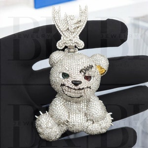 Colgante de oso de peluche helado en 3D, colgante de hombre con diamantes moissanita, carta personalizada, colgante de hip hop, plata 925, acabado en oro blanco de 14 k, regalarle