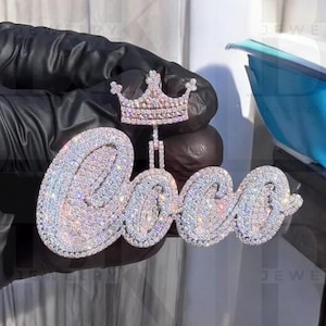 Colgante con nombre de moissanita VVS, colgante con letra personalizada, plata 925, cierre de corona, dije de doble capa, oro rosa de 14 quilates, regalo de Navidad para él