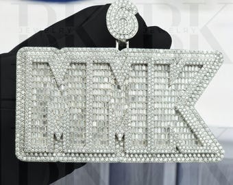 VVS Moissanite Diamond MMK Letter Pendant, Custom 925 Silver, Number Bail, 3D Hip Hop Letter Pendant, 14k White Gold Finish, Men's Gift
