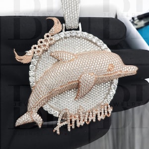 Colgante de delfín con forma de círculo helado, colgante con letra de moissanita auténtica, colgante para hombre con diseño 3D, parte trasera sólida, plata 925, acabado en oro de dos tonos de 14 k