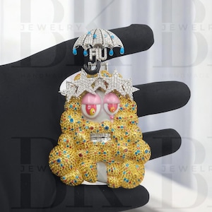 Wielokolorowy diamentowy wisiorek 3D Jezus, wisiorek Jezus malowany emalią, wisiorek Jezus Hip Hop, srebro próby 925, wykończenie z 14-karatowego białego złota