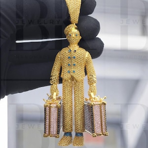 Men's 3D Character Pendant, Yellow Citrine Gemstone Pendant, Hip Hop Pendant, Rapper Pendant, 14k Yellow Gold Finish, 925 Silver, Gift Him