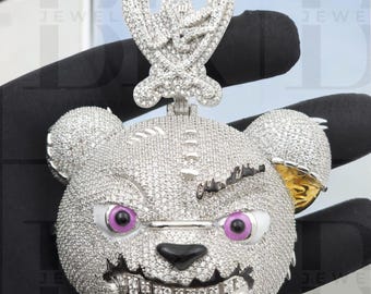 3D Iced Out Teddy Bear Face Pendant, Moissanite Diamond Men