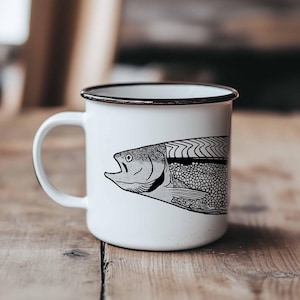 Hand Drawn Sockeye Salmon Enamel Camp Cup Illustration from the Kenai river in Soldotna Alaska