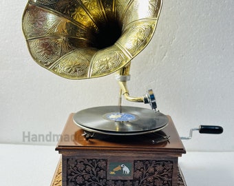 Brass HMV Gramophone Antique Replica Fully Working Vinyl Player Record Phonograph Memorable RPM 73-78 Record Player Home Decor