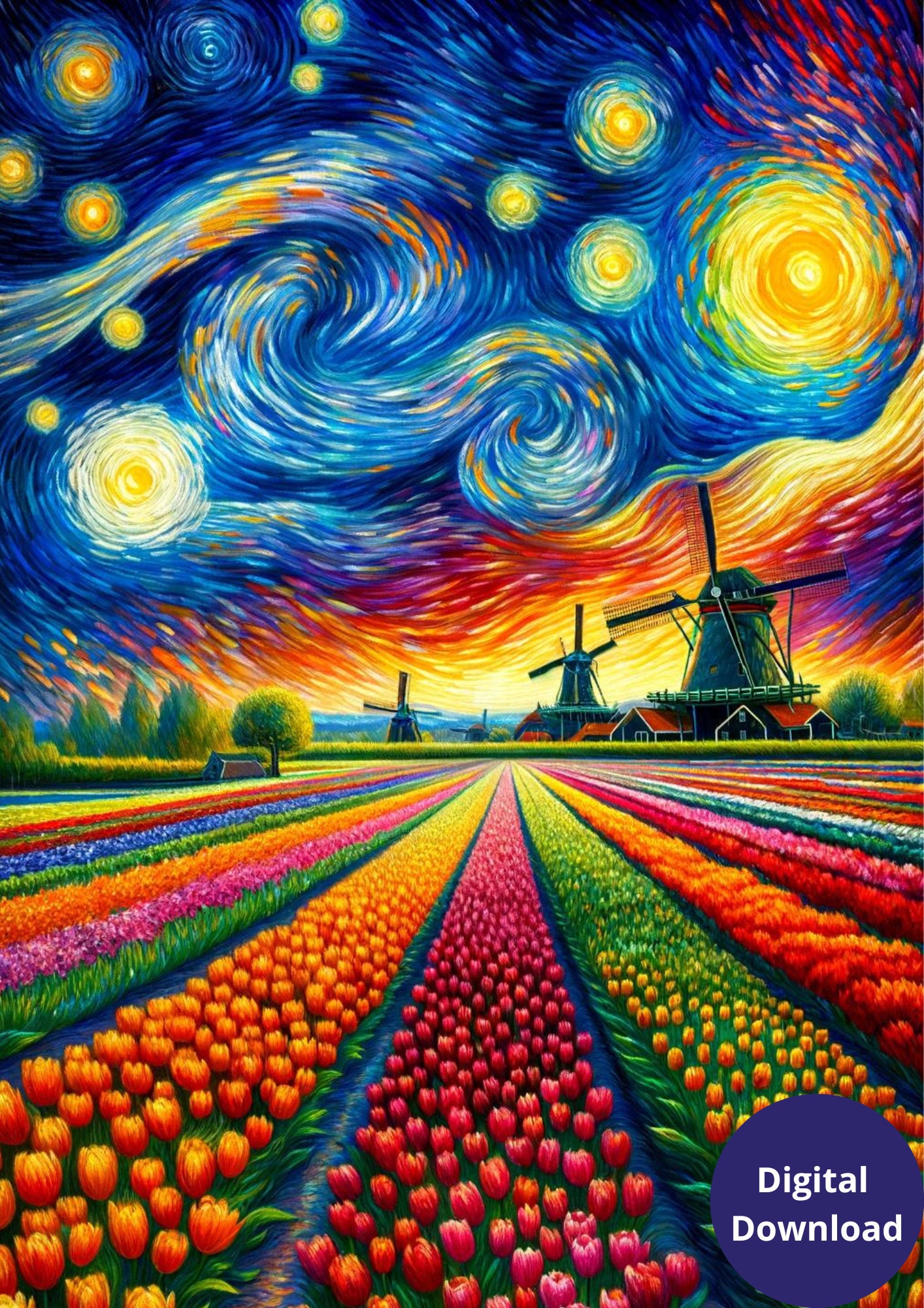 Van Gogh Inspired Digital Art Print A4 - Tulip, Mills