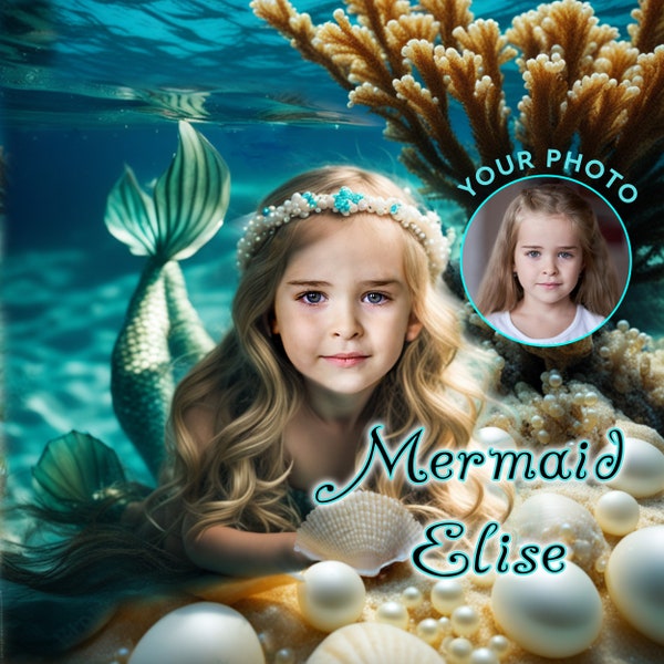 Custom Mermaid Portrait From Photo | Cute Personalised Little Mermaid Photo | Custom Mermaid Poster | Last Minute Birthday Gift for Girls