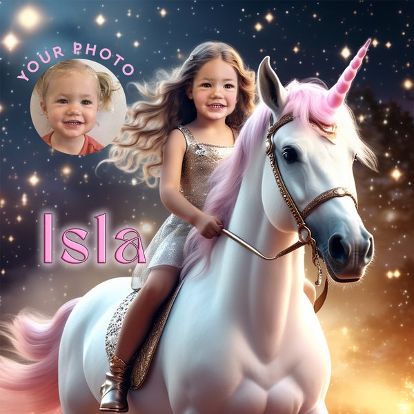 Girl Riding Unicorn Pink, Custom Portrait From Photo Fantasy, Personalised Unicorn Wall Art Poster, Print for Girls Room, Gift for girls