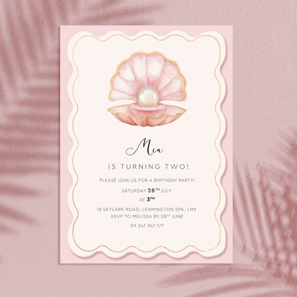 Invitation de coquillage | Faire-part personnalisé Shell pour fille | Rose fard à joues doré | Invitation 1er anniversaire de fille|Perle en coquillage| Télécharger Templett modifiable