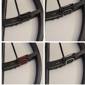 May include: A set of four images showcasing a black wheel rim with a central hub and spokes. Each image highlights a different colored clip: black, white, red, and white. The rim is set against a plain white background.
