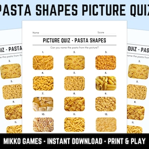 Printable Pasta Shapes Picture Quiz With Answers: Picture Round Quiz Sheets, Pub Quiz Trivia, Downloadable Table Quiz, Fun Food Quiz