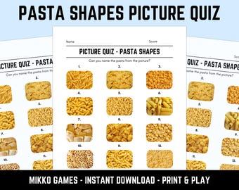 Printable Pasta Shapes Picture Quiz With Answers: Picture Round Quiz Sheets, Pub Quiz Trivia, Downloadable Table Quiz, Fun Food Quiz