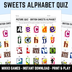 Printable British Sweets Alphabet Picture Quiz With Answers: Food Picture Round Quiz Sheets, Pub Quiz Trivia, Downloadable Table Quiz