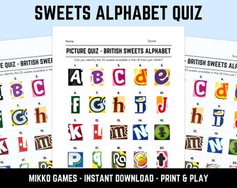 Printable British Sweets Alphabet Picture Quiz With Answers: Food Picture Round Quiz Sheets, Pub Quiz Trivia, Downloadable Table Quiz