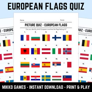 Printable European Flags Picture Quiz With Answers: Picture Round Quiz Sheets, Pub Quiz Trivia, Downloadable Table Quiz, Fun Geography Quiz