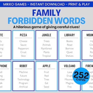 Familie Verbotene Worte – Partyspiel zum Ausdrucken | Herunterladbare Tabuspielkarten, lustiges Gruppenteamspiel für Erwachsene und Kinder, Familienspielnacht
