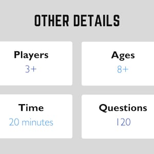 Other Friendly Feud Details
- Players: 3+
- Ages: 8+
- Time: 20 minutes
- Questions: 120