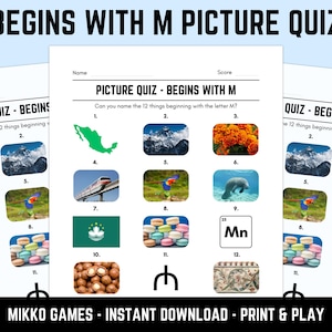 Printable Begins With M Picture Quiz With Answers: Picture Round Quiz Sheets, Pub Quiz Trivia, Downloadable Table Quiz, Fun Ready-Made Quiz