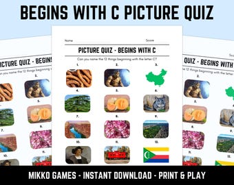 Printable Begins With C Picture Quiz With Answers: Picture Round Quiz Sheets, Pub Quiz Trivia, Downloadable Table Quiz, Fun Ready-Made Quiz