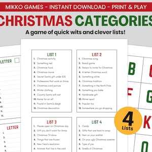 Categorias de Natal – Jogo de Festa de Natal para Imprimir | Listas de Scattergories de Natal para Baixar para Crianças e Adultos, Noite de Jogos em Família