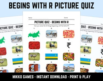 Printable Begins With R Picture Quiz With Answers: Picture Round Quiz Sheets, Pub Quiz Trivia, Downloadable Table Quiz, Fun Ready-Made Quiz