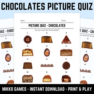 Printable Chocolates Picture Quiz With Answers: Picture Round Quiz Sheets, Pub Quiz Trivia, Downloadable Table Quiz, Fun Candy Quiz