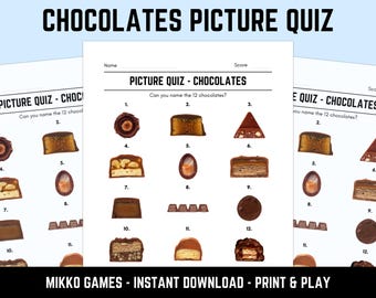 Printable Chocolates Picture Quiz With Answers: Picture Round Quiz Sheets, Pub Quiz Trivia, Downloadable Table Quiz, Fun Candy Quiz