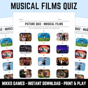 Può includere: Un foglio di gioco stampabile "Musical Films Quiz" con un'intestazione nera. Il quiz presenta 12 immagini di musical, con spazio per un nome e un punteggio. Il testo "MIKKO GAMES - INSTANT DOWNLOAD - PRINT & PLAY" è in basso.