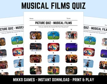 Printable Musical Films Picture Quiz With Answers: Picture Round Quiz Sheets, Pub Quiz Trivia, Downloadable Table Quiz, Fun Movie Quiz