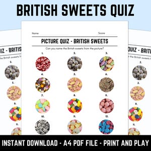 Printable British Sweets Picture Quiz: Downloadable Pub Quiz Trivia Sheets With Answers