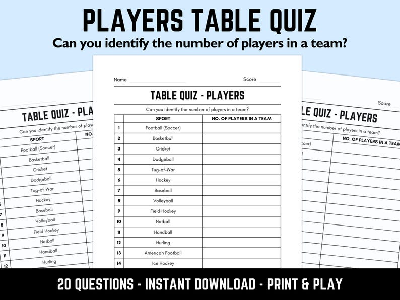 Printable Players Table Quiz With Answers Downloadable Pub Quiz Sheets