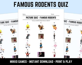 Printable Famous Rodents Picture Quiz With Answers: Picture Round Quiz Sheets, Pub Quiz Trivia, Downloadable Table Quiz, Fun Animals Quiz