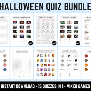 May include: A Halloween quiz bundle featuring ten printable game sheets with black text on white paper. The collection includes anagrams, picture quizzes of horror characters, TV villains, British sweets, US candy, a wordsearch, and emoji puzzles.
