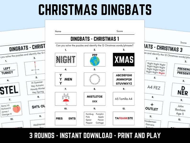 Printable Christmas Dingbats Picture Quiz: Downloadable Xmas Rebus