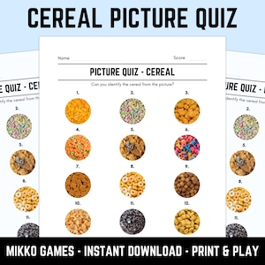 Printable Cereal Picture Quiz With Answers: Picture Round Quiz Sheets, Pub Quiz Trivia, Downloadable Table Quiz, Fun Breakfast Food Quiz